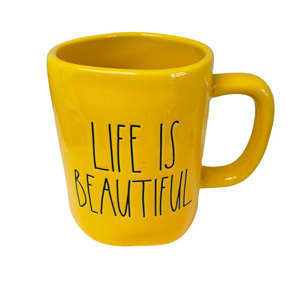 Rae Dunn Ceramic Mug  Life Is Beautiful"Yellow 16 Oz Unique Shape  Dishwasher Sa